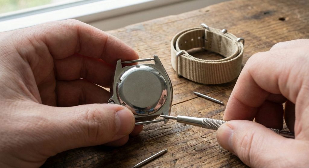 3. 付ける（NATO）：先にバネ棒だけを時計本体に取り付けます。その後、リボンを通すように長いベルトを隙間に通すだけです。