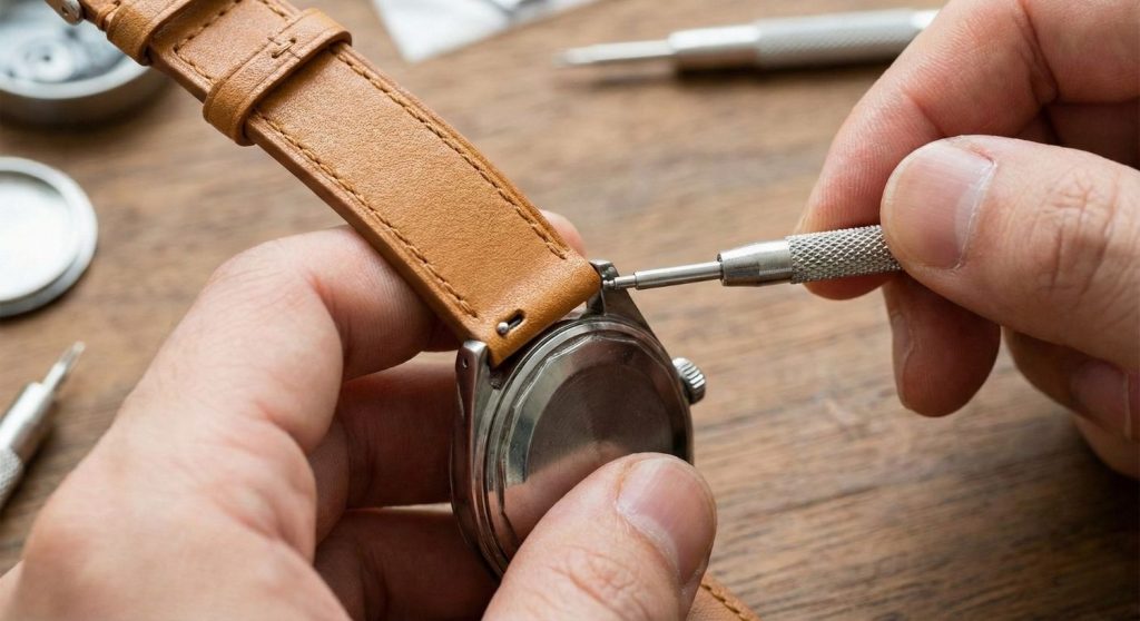 2. 付ける（革）：新しいベルトにバネ棒を通し、片方の穴に入れ、もう片方を工具で縮めながら「パチッ」と音がするまではめ込みます。