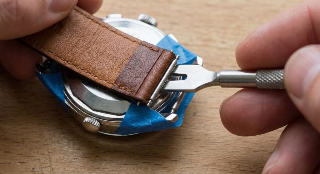 1. 外す：時計を裏返し、ラグとベルトの隙間に工具のY字部分を差し込みます。中のバネを縮めるようにしてベルトを外します。この時、ラグに傷がつかないようテープで保護すると安心です。